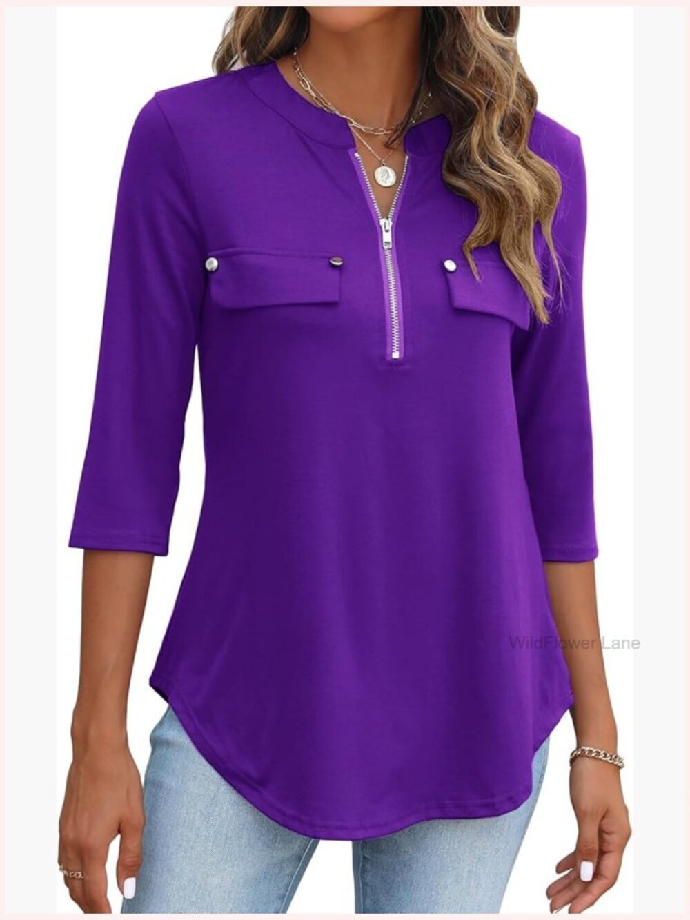3/4 Sleeve V Neck Flowy Tunic Blouse Work Top with Zipper